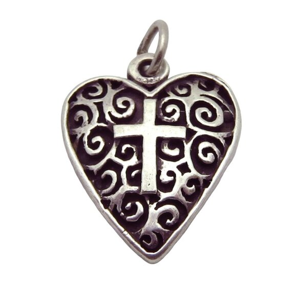 Vintage Bob Siemon Sterling Silver Filigree Cross/Heart Christian Charm Pendant - Picture 1 of 4